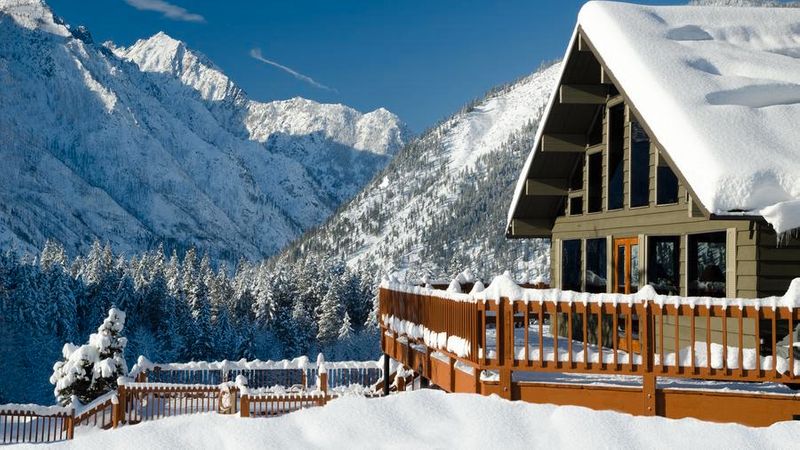 snowy mountain lodge